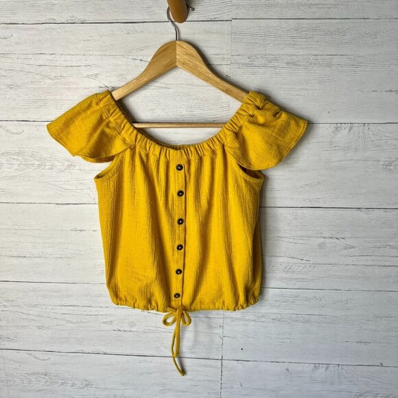 Madewell Top Womens Size XS Gold Yellow Off the Shoulder Texture & Thread Crop - Picture 1 of 16